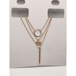 Gold Tone Triple Layered Necklace‎ Circle Disc and Bar Pendants Adjustable Chain